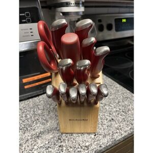 Kitchen Aid 14 Piece Knife Set Red handle  & Block Set-Read Description